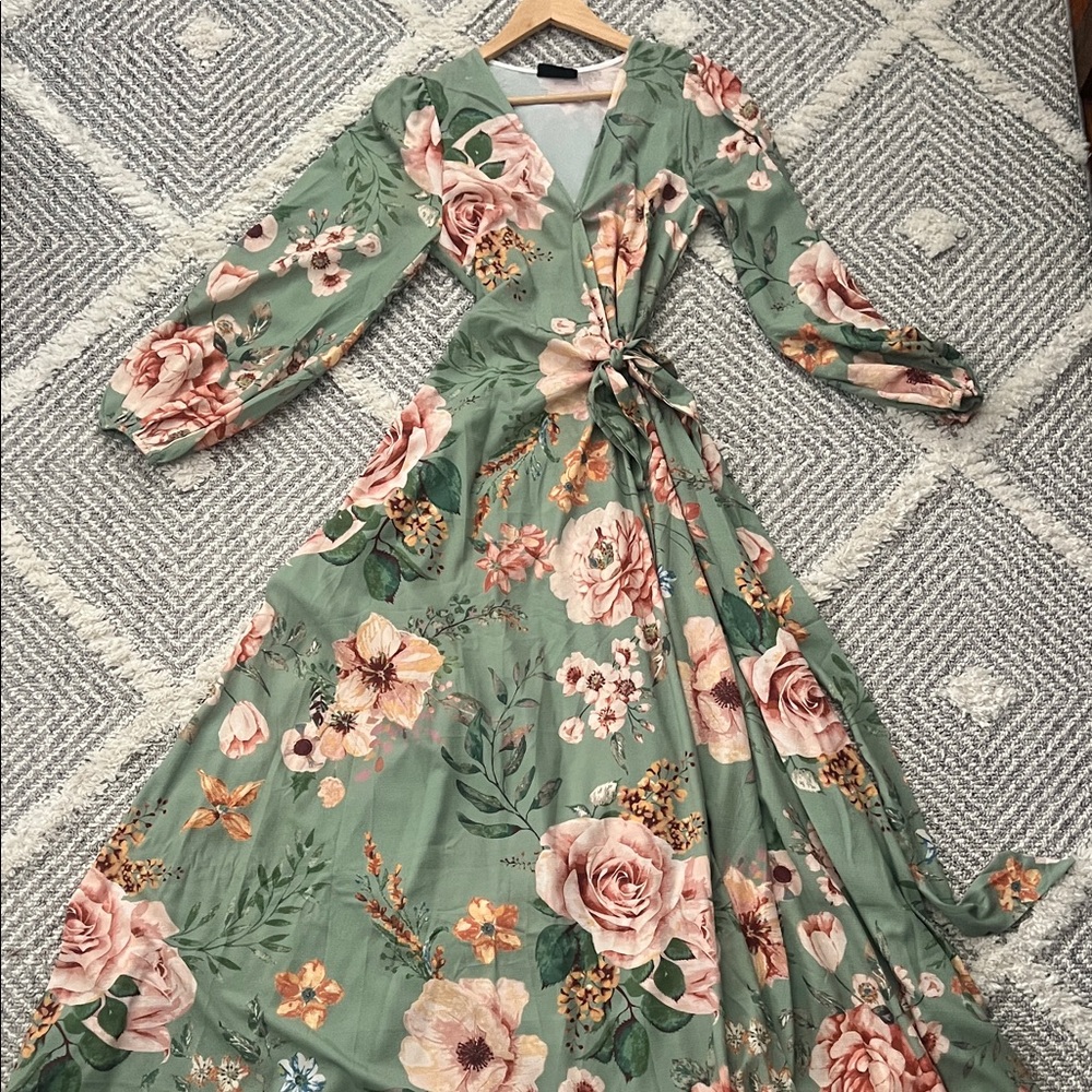 Vici Floral Long Sleeve Dress in Green and Pink